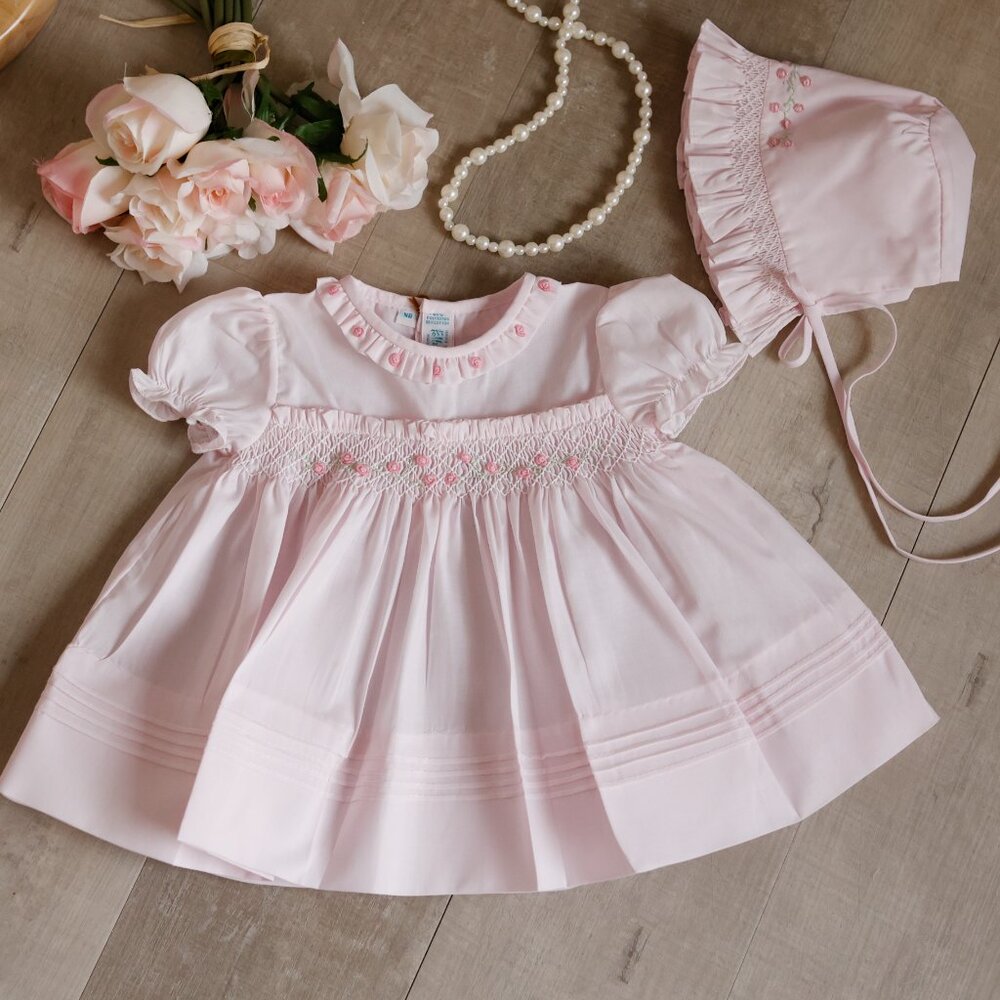 Pink Smocked Dress With Bonnet Set Embroidery Collar Feltman Brothers NWT